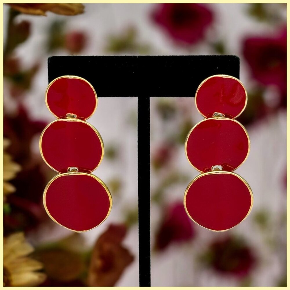 VINTAGE 70s / 80s Retro Gold & Cherry Red Circle Enamel Drop Statement Earrings